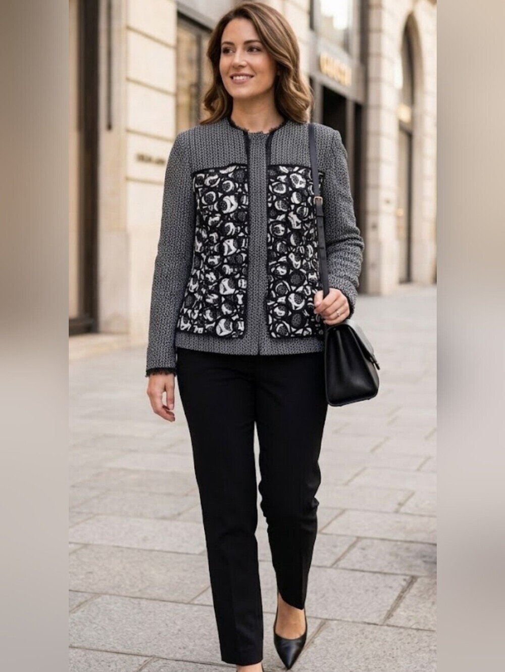 Oscar de la Renta Gray Knit Jacket with Black-and-White Patterned Front
